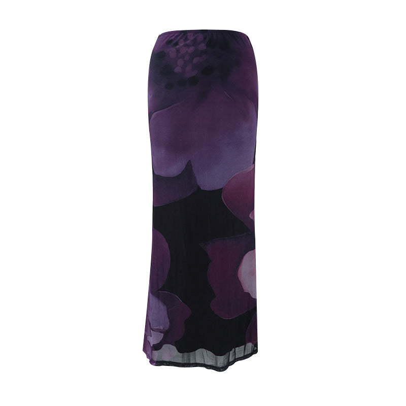 Women Clothing Socialite Summer High Grade Mesh Floral Print Niche Double Layer Lace up Drape Skirt