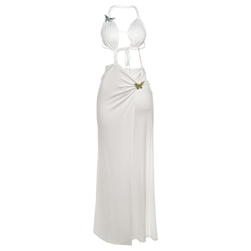 Summer Sexy Backless Lace up Maxi Dress Split Halter Dress