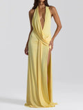 Women Deep V Plunge neck Lace up Backless Sexy Streamers Dress Sexy Maxi Dress