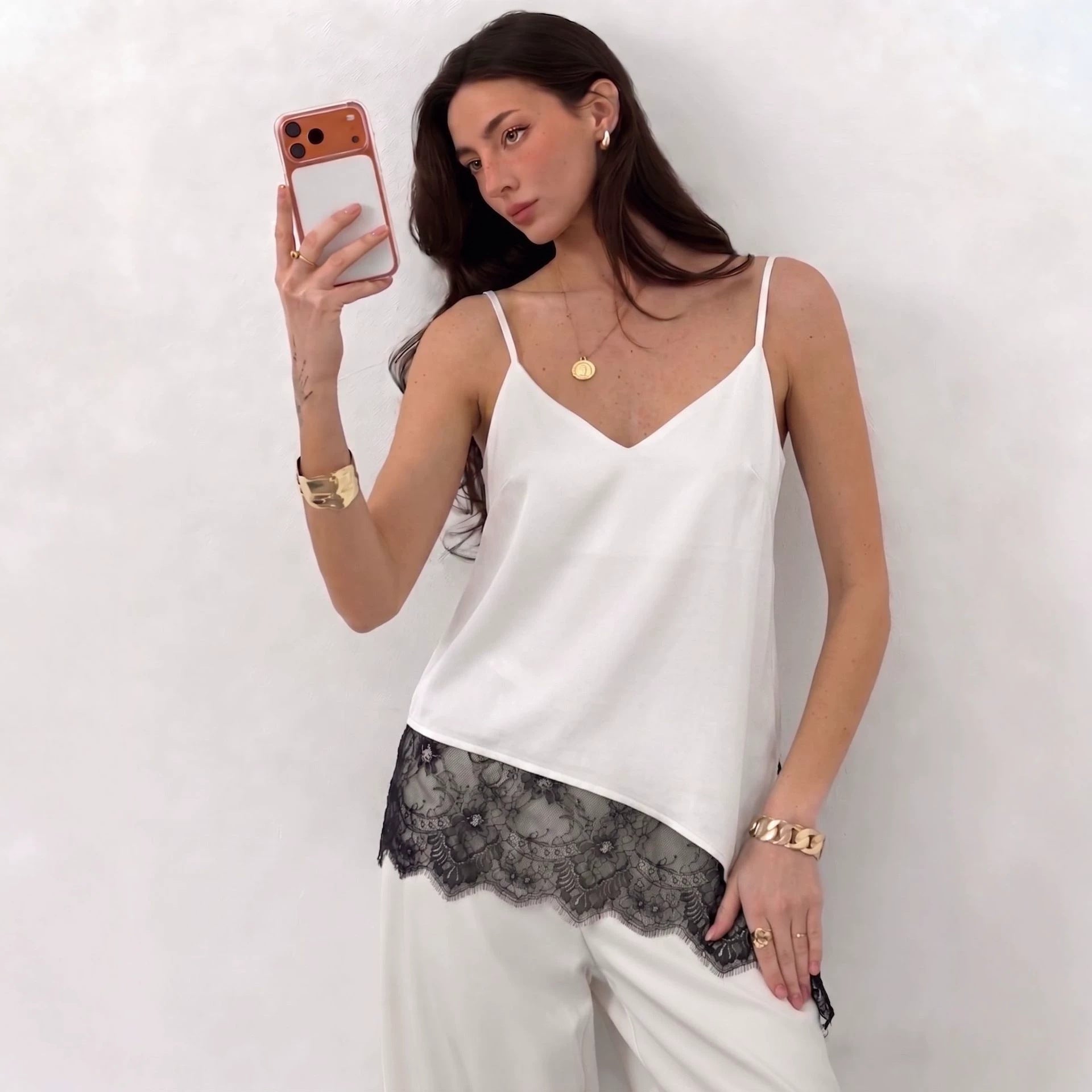 V neck Irregular Asymmetric Lace Patchwork Top Loose Camisole