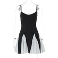 Color Contrast Patchwork Short Dress Summer Suspenders Backless Pleated Dress