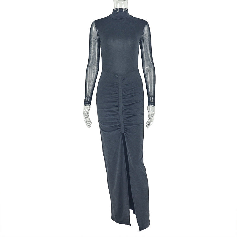Slim Women Split Solid Color Hip Turtleneck Grenadine Sheer Long Sleeve Dress