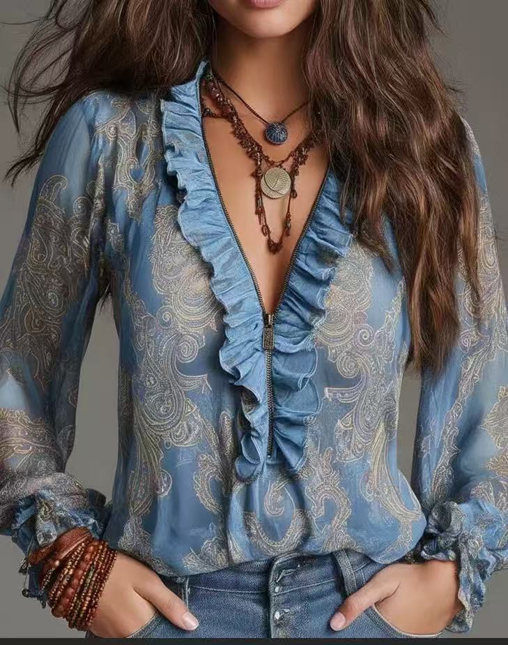 Romantic Boh Deep V Plunge neck Paisley Ruffled Chiffon Shirt