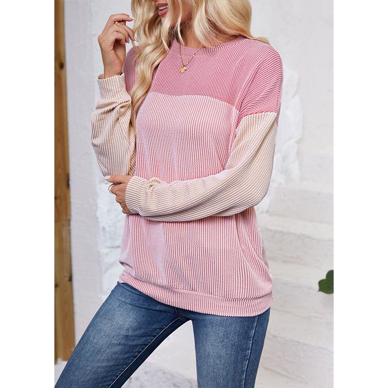 Autumn Winter Casual Striped Multi Color Mosaic Sweatshirt for Women