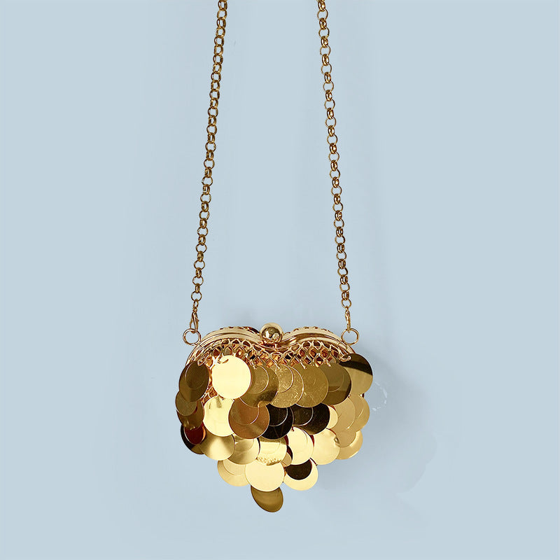 Autumn Winter Special Interest Design Light Absorbing Face Atmosphere Cross Body Sequin Coin Purse Metal Heart Frame Bag