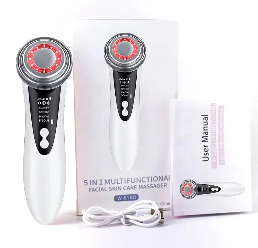5-In-1 Facial Massager: LED Light Therapy, Eye Care, Skin Smoothing, USB Rechargeable